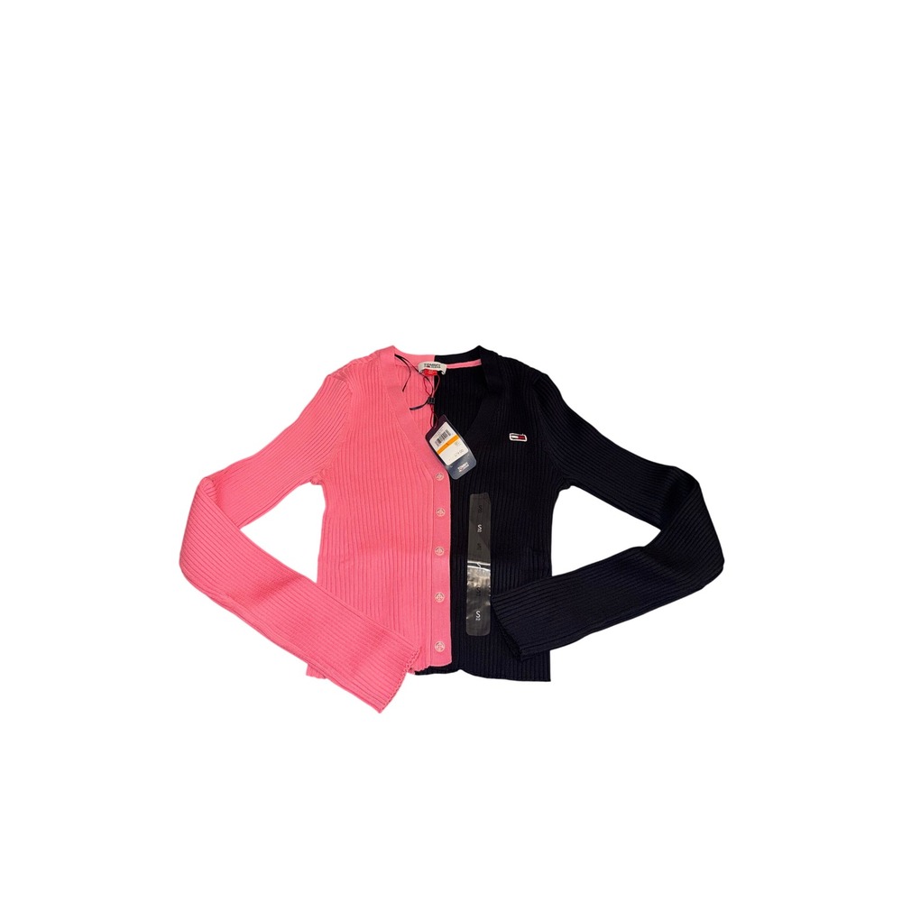Tommy Jeans Women's Colorblock V-Neck Pullover Sweater Black Pink Size Small